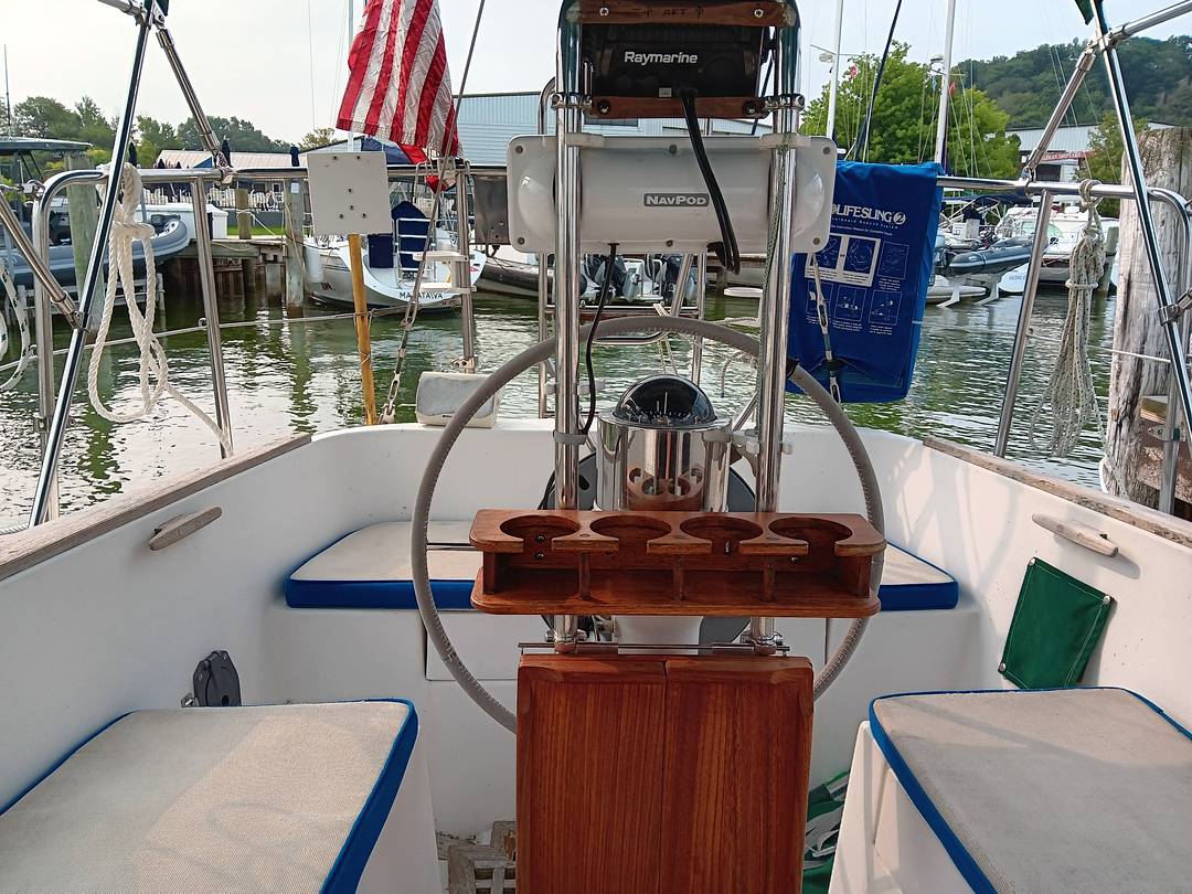 Cockpit looking aft over the wheel and binnacle