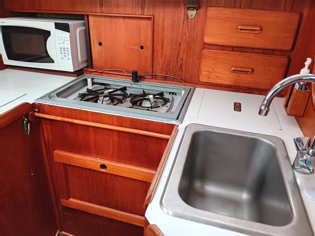 Galley with the gimbaled two-burner propane stove uncovered