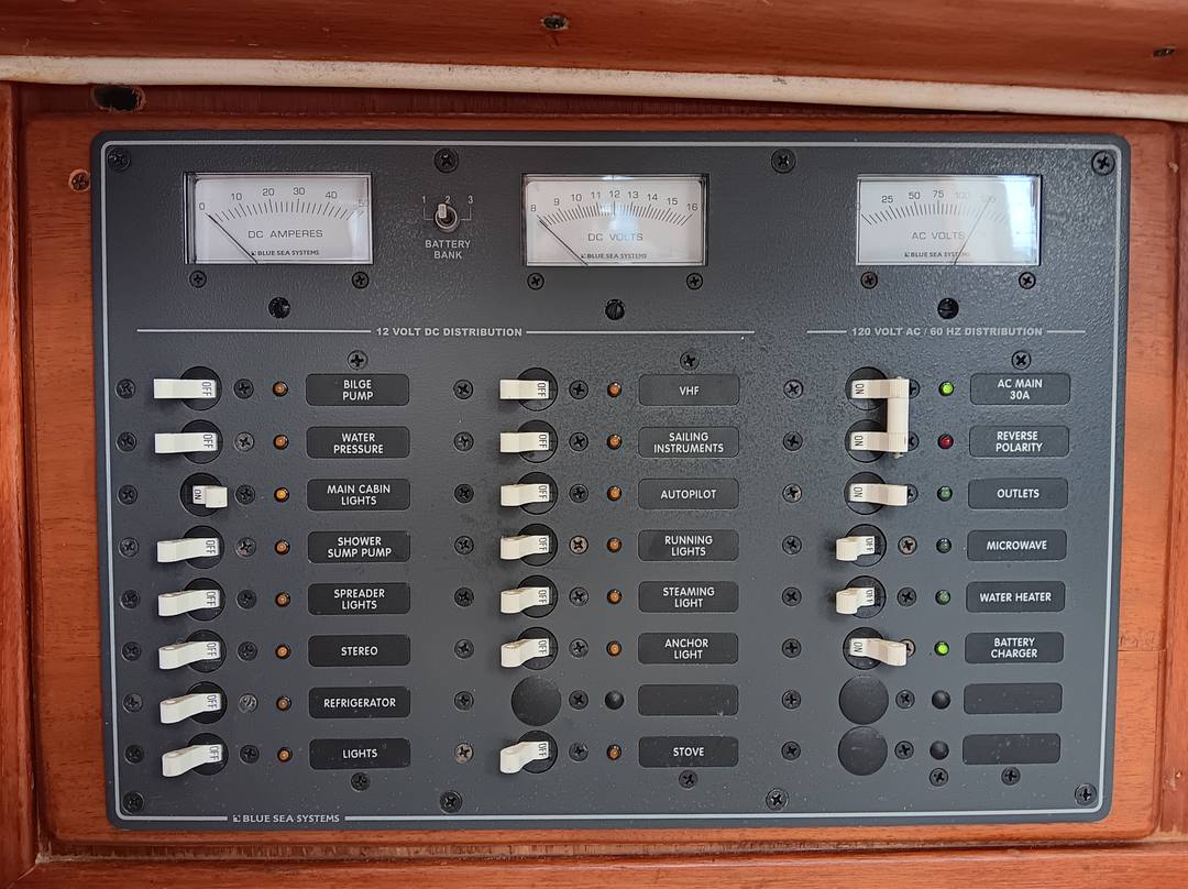 Blue Sea electrical distribution panel at the nav station